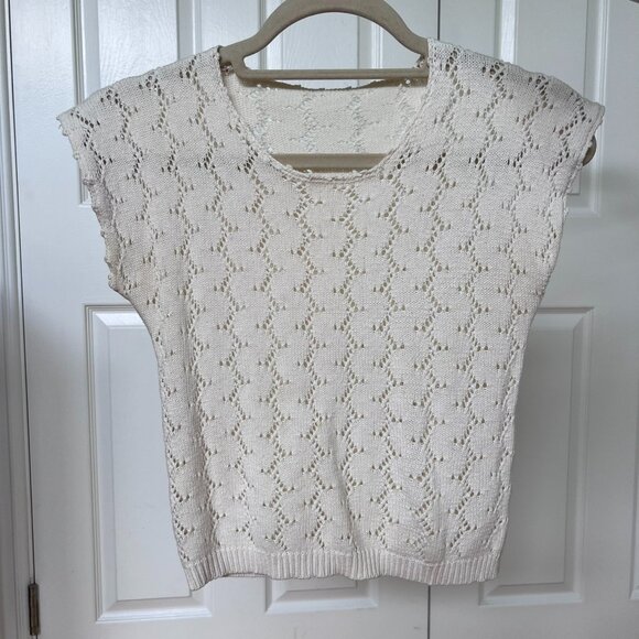 Vintage Tops - Vintage Women's Open Crochet Knit Crew Neck Cap Sleeve Cropped Short Sleeve Top